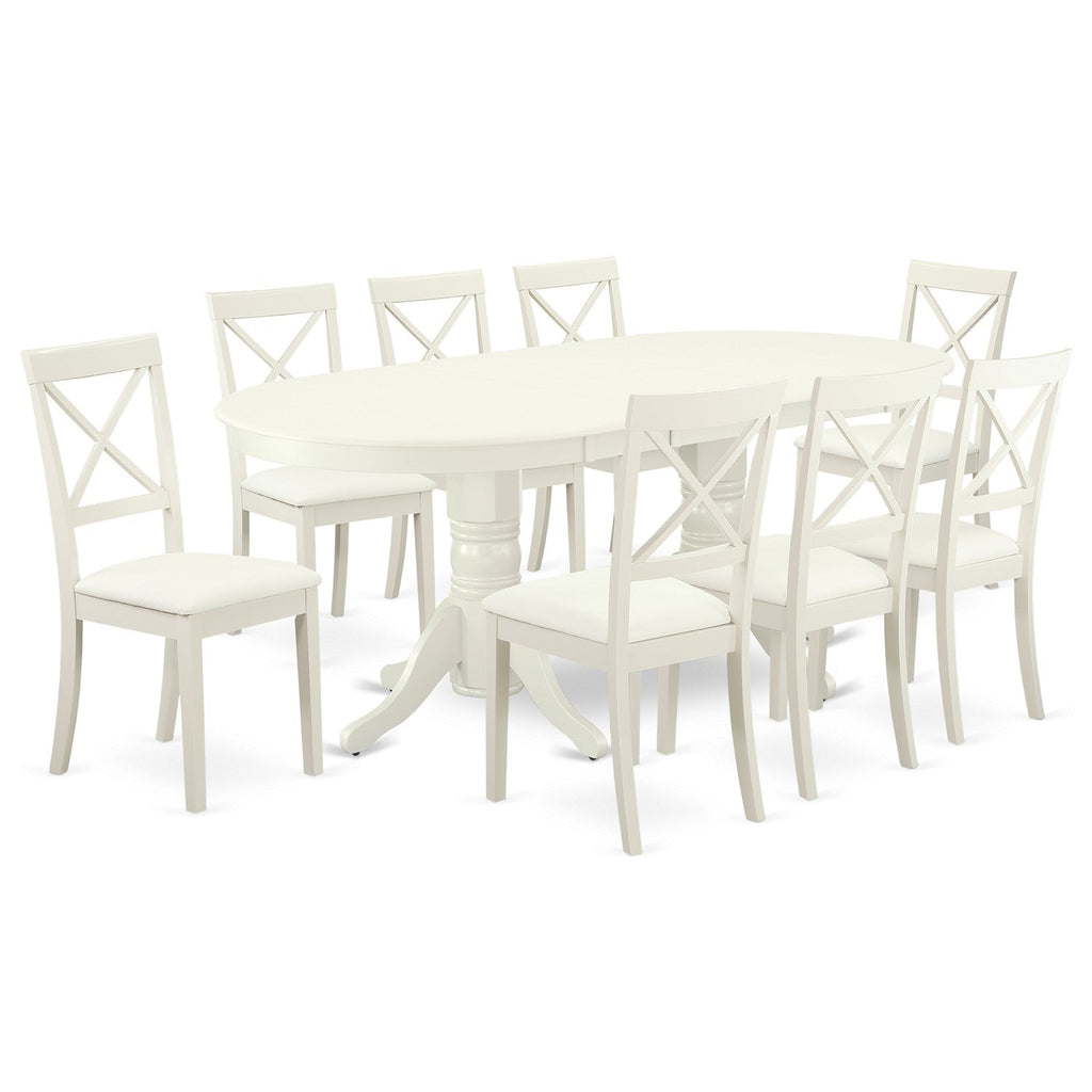 East West Furniture VABO9-LWH-LC 9 Piece Dining Set Includes an Oval Dining Room Table with Butterfly Leaf and 8 Faux Leather Upholstered Kitchen Chairs, 40x76 Inch, Linen White
