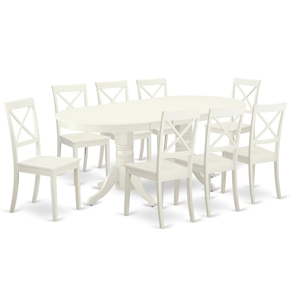 East West Furniture VABO9-LWH-W 9 Piece Modern Dining Table Set Includes an Oval Wooden Table with Butterfly Leaf and 8 Kitchen Dining Chairs, 40x76 Inch, Linen White