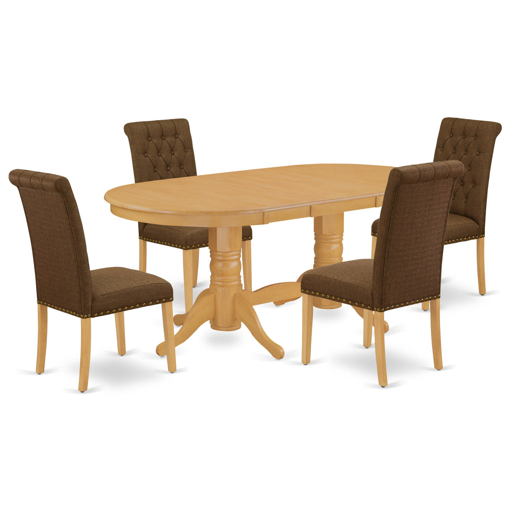 East West Furniture VABR5-OAK-18 5 Piece Dining Table Set for 4 Includes an Oval Kitchen Table with Butterfly Leaf and 4 Brown Linen Linen Fabric Upholstered Chairs, 40x76 Inch, Oak