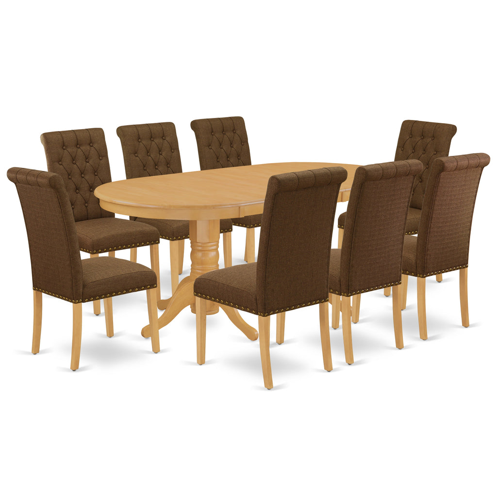East West Furniture VABR9-OAK-18 9 Piece Dining Room Furniture Set Includes an Oval Butterfly Leaf Kitchen Table and 8 Brown Linen Linen Fabric Upholstered Chairs, 40x76 Inch, Oak