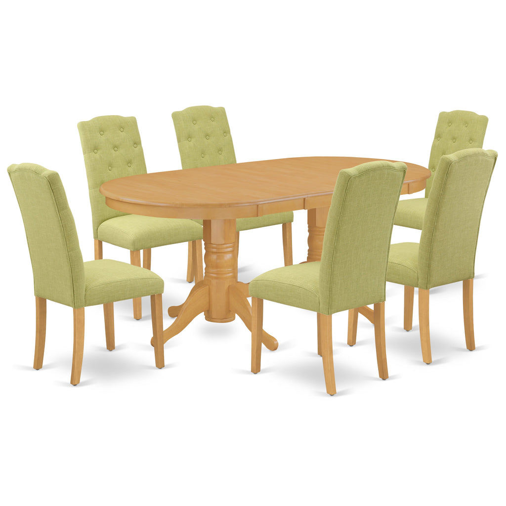East West Furniture VACE7-OAK-07 7 Piece Dining Room Table Set Consist of an Oval Kitchen Table with Butterfly Leaf and 6 Limelight Linen Fabric Parson Dining Chairs, 40x76 Inch, Oak