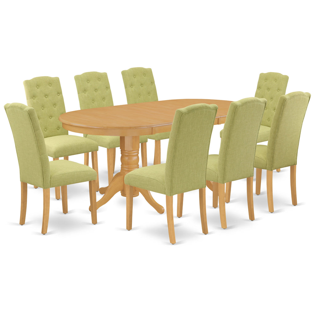 East West Furniture VACE9-OAK-07 9 Piece Dining Room Furniture Set Includes an Oval Wooden Table with Butterfly Leaf and 8 Limelight Linen Fabric Parson Chairs, 40x76 Inch, Oak