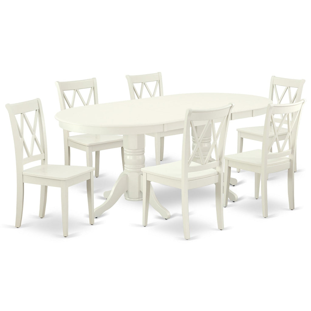 East West Furniture VACL7-LWH-W 7 Piece Modern Dining Table Set Consist of an Oval Wooden Table with Butterfly Leaf and 6 Kitchen Dining Chairs, 40x76 Inch, Linen White