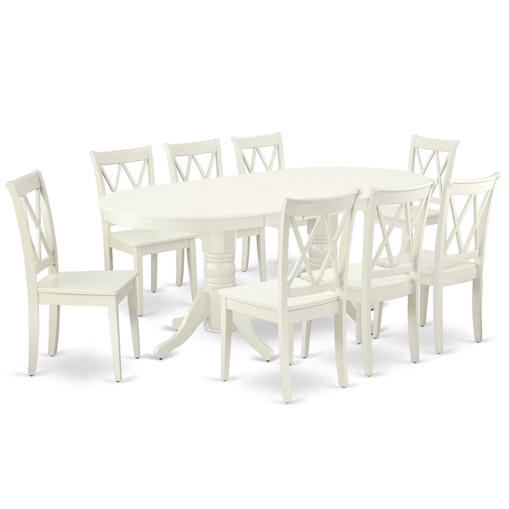 East West Furniture VACL9-LWH-W 9 Piece Dining Table Set Includes an Oval Dining Room Table with Butterfly Leaf and 8 Wood Seat Chairs, 40x76 Inch, Linen White