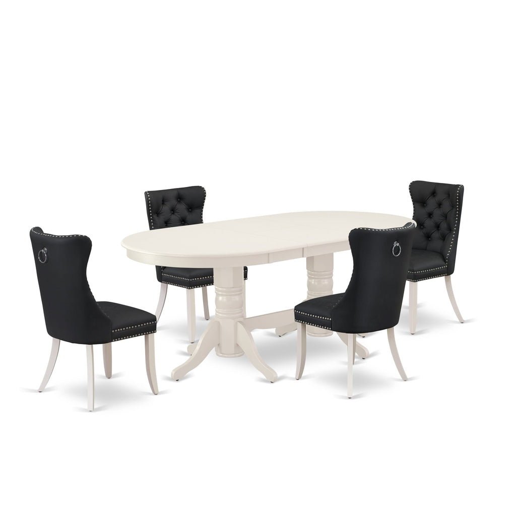 East West Furniture VADA5-LWH-12 5 Piece Kitchen Table Set Contains an Oval Dining Table with Butterfly Leaf and 4 Upholstered Parson Chairs, 40x76 Inch, linen white