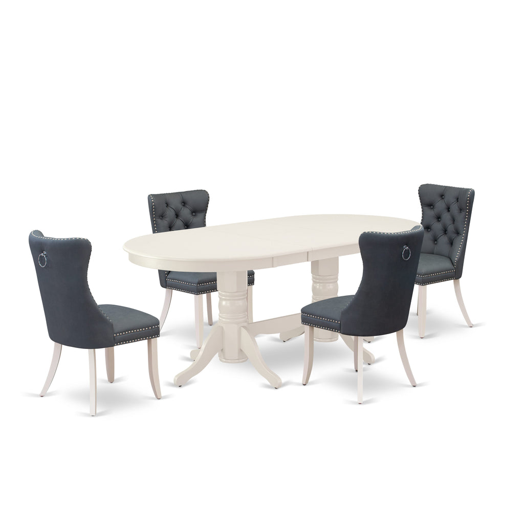 East West Furniture VADA5-LWH-13 5 Piece Dining Set Includes an Oval Kitchen Table with Butterfly Leaf and 4 Upholstered Parson Chairs, 40x76 Inch, linen white