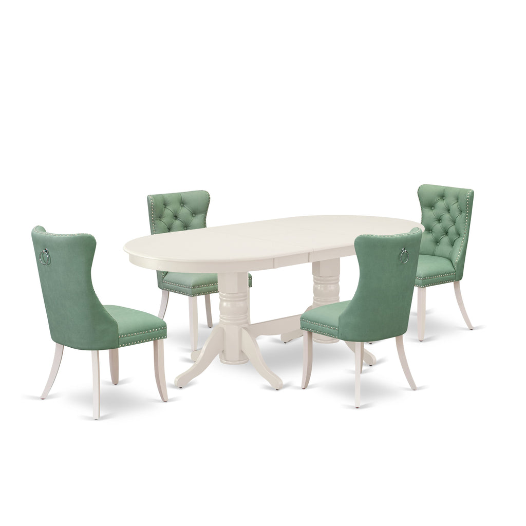 East West Furniture VADA5-LWH-22 5 Piece Dining Room Furniture Set Consists of an Oval Dining Table with Butterfly Leaf and 4 Upholstered Chairs, 40x76 Inch, linen white
