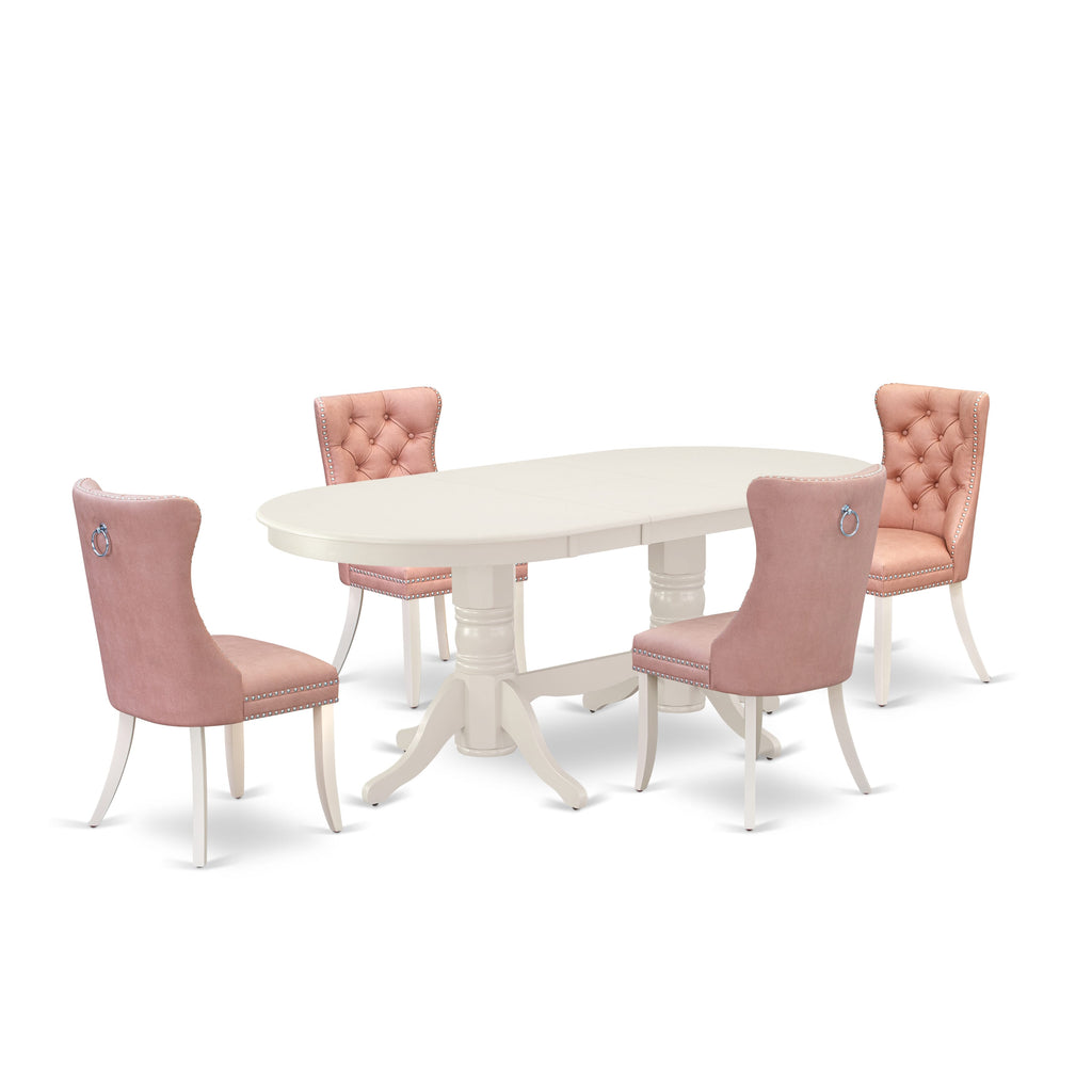 East West Furniture VADA5-LWH-23 5 Piece Dinette Set Includes an Oval Kitchen Table with Butterfly Leaf and 4 Upholstered Parson Chairs, 40x76 Inch, linen white