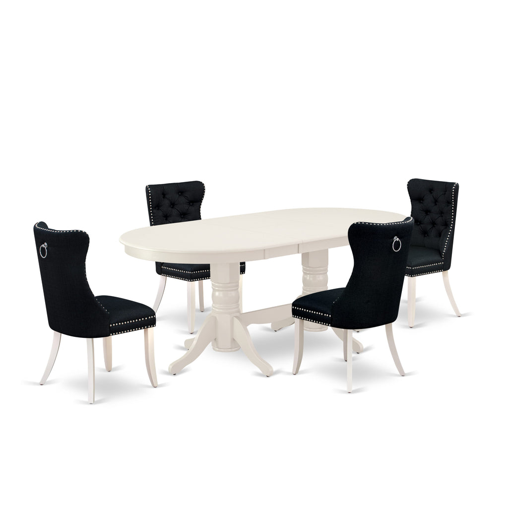 East West Furniture VADA5-LWH-24 5 Piece Kitchen Table Set Contains an Oval Dining Table with Butterfly Leaf and 4 Upholstered Chairs, 40x76 Inch, linen white