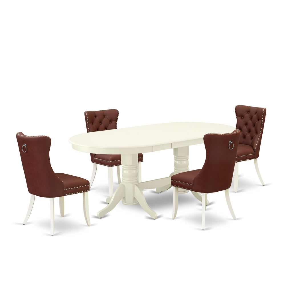 East West Furniture VADA5-LWH-26 5 Piece Dinette Set Contains an Oval Dining Table with Butterfly Leaf and 4 Upholstered Parson Chairs, 40x76 Inch, linen white