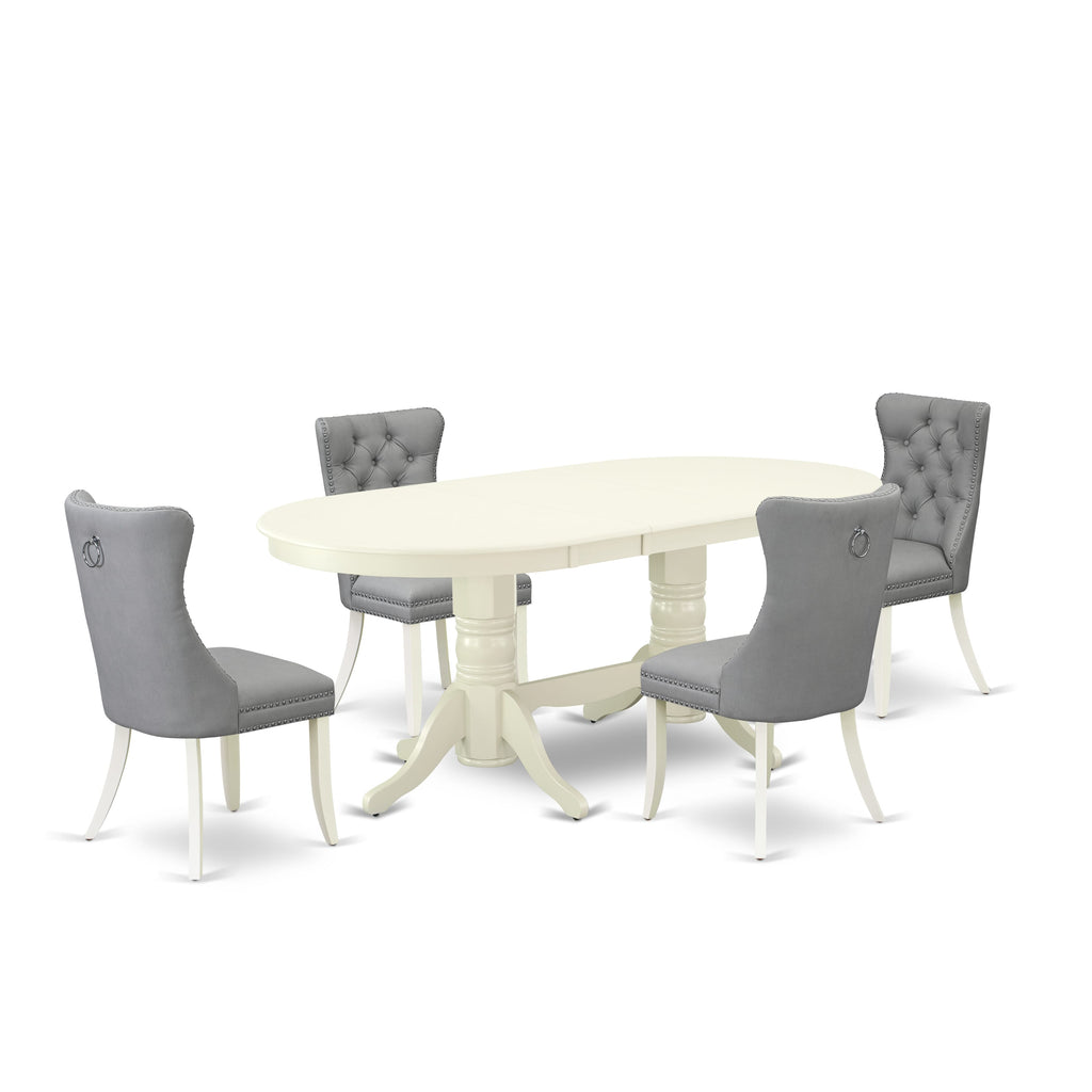 East West Furniture VADA5-LWH-27 5 Piece Kitchen Table Set Includes an Oval Dining Table with Butterfly Leaf and 4 Upholstered Chairs, 40x76 Inch, linen white
