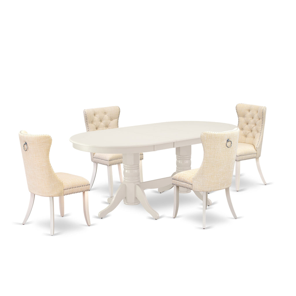 East West Furniture VADA5-LWH-32 5 Piece Dinette Set Includes an Oval Dining Table with Butterfly Leaf and 4 Padded Chairs, 40x76 Inch, linen white