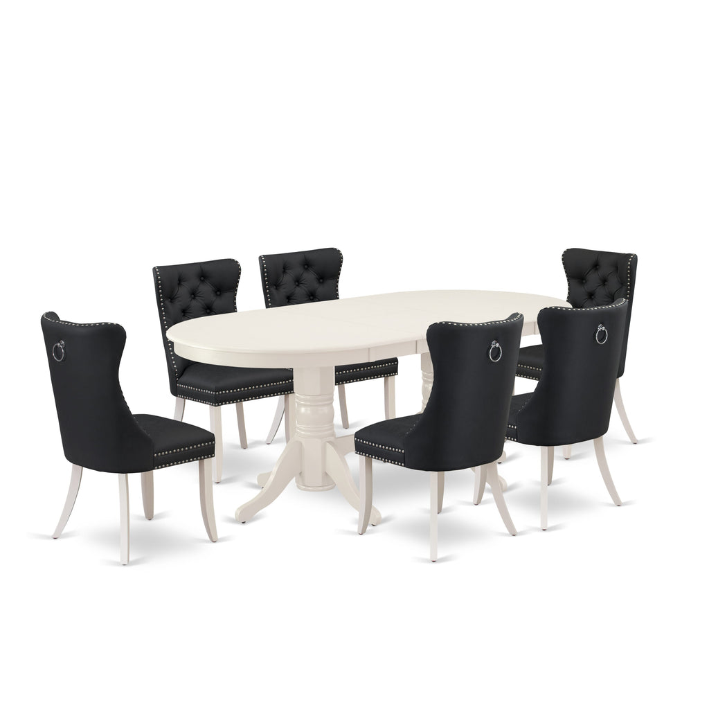 East West Furniture VADA7-LWH-12 7 Piece Dining Set Consists of an Oval Kitchen Table with Butterfly Leaf and 6 Upholstered Parson Chairs, 40x76 Inch, linen white