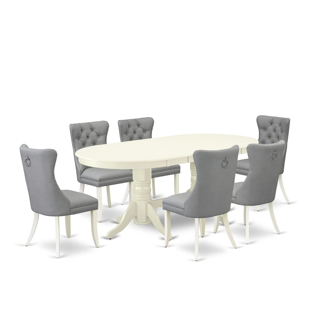East West Furniture VADA7-LWH-27 7 Piece Kitchen Table Set Consists of an Oval Dining Table with Butterfly Leaf and 6 Upholstered Chairs, 40x76 Inch, linen white