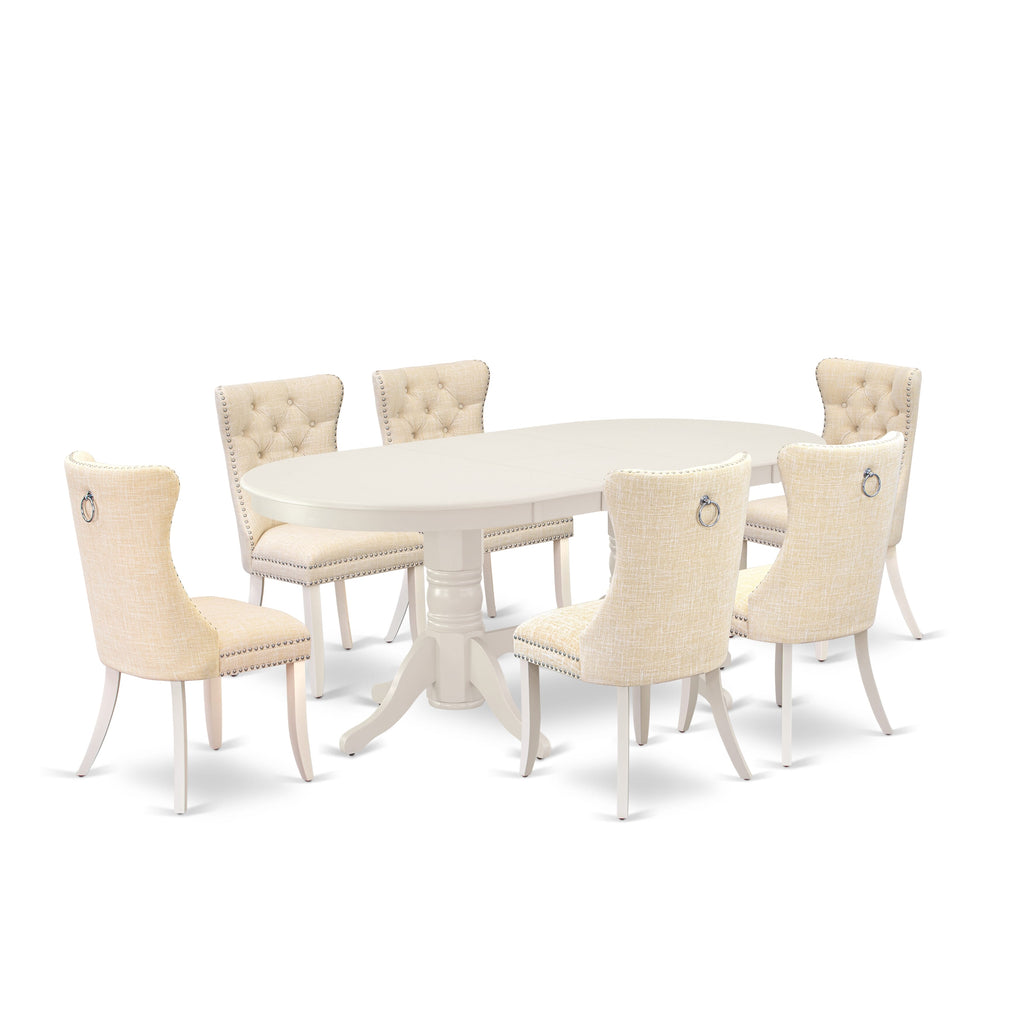 East West Furniture VADA7-LWH-32 7 Piece Dining Table Set Includes an Oval Kitchen Table with Butterfly Leaf and 6 Upholstered Chairs, 40x76 Inch, linen white