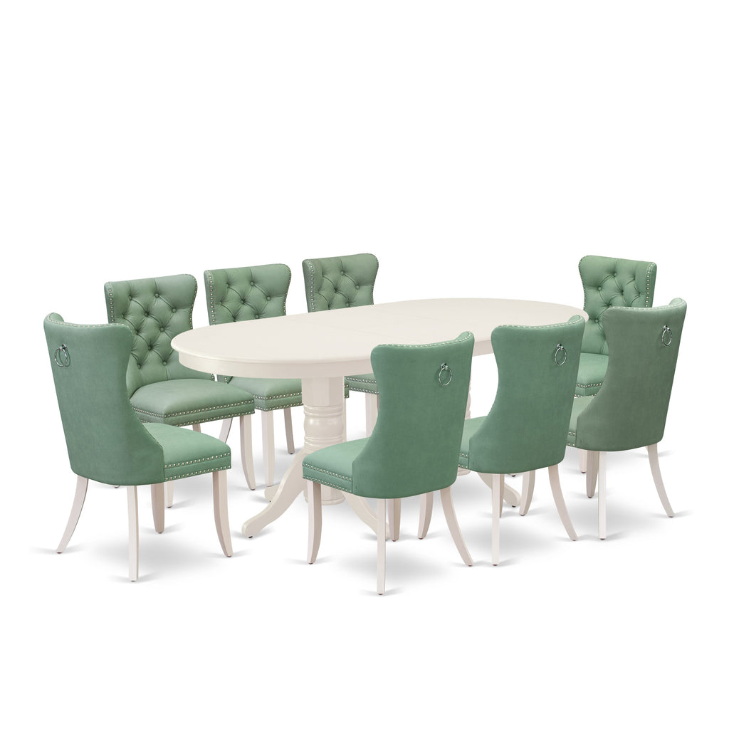 East West Furniture VADA9-LWH-22 9 Piece Dining Room Set Contains an Oval Kitchen Table with Butterfly Leaf and 8 Upholstered Parson Chairs, 40x76 Inch, linen white