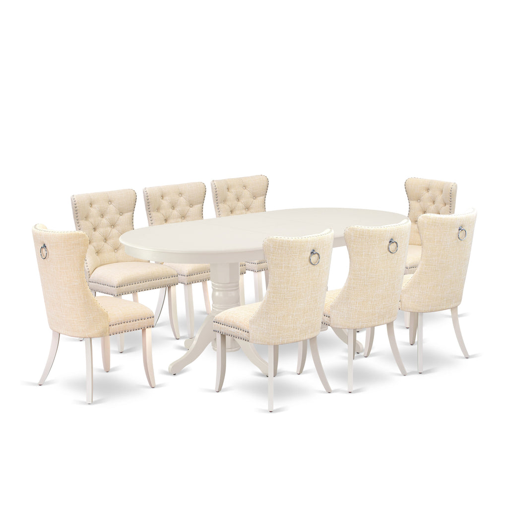East West Furniture VADA9-LWH-32 9 Piece Kitchen Table Set Includes an Oval Dining Table with Butterfly Leaf and 8 Upholstered Chairs, 40x76 Inch, linen white