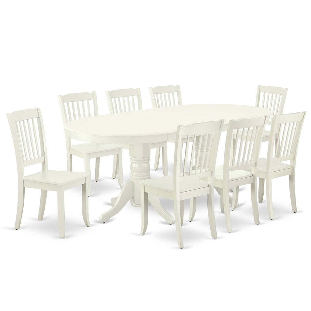 East West Furniture VADA9-LWH-W 9 Piece Dining Room Table Set Includes an Oval Kitchen Table with Butterfly Leaf and 8 Dining Chairs, 40x76 Inch, Linen White