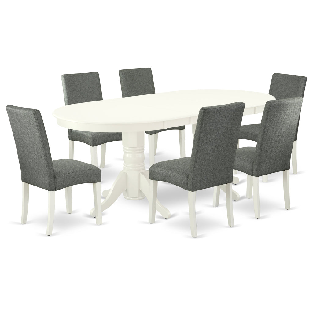 East West Furniture VADR7-LWH-07 7 Piece Kitchen Table & Chairs Set Consist of an Oval Dining Table with Butterfly Leaf and 6 Gray Linen Fabric Upholstered Chairs, 40x76 Inch, Linen White