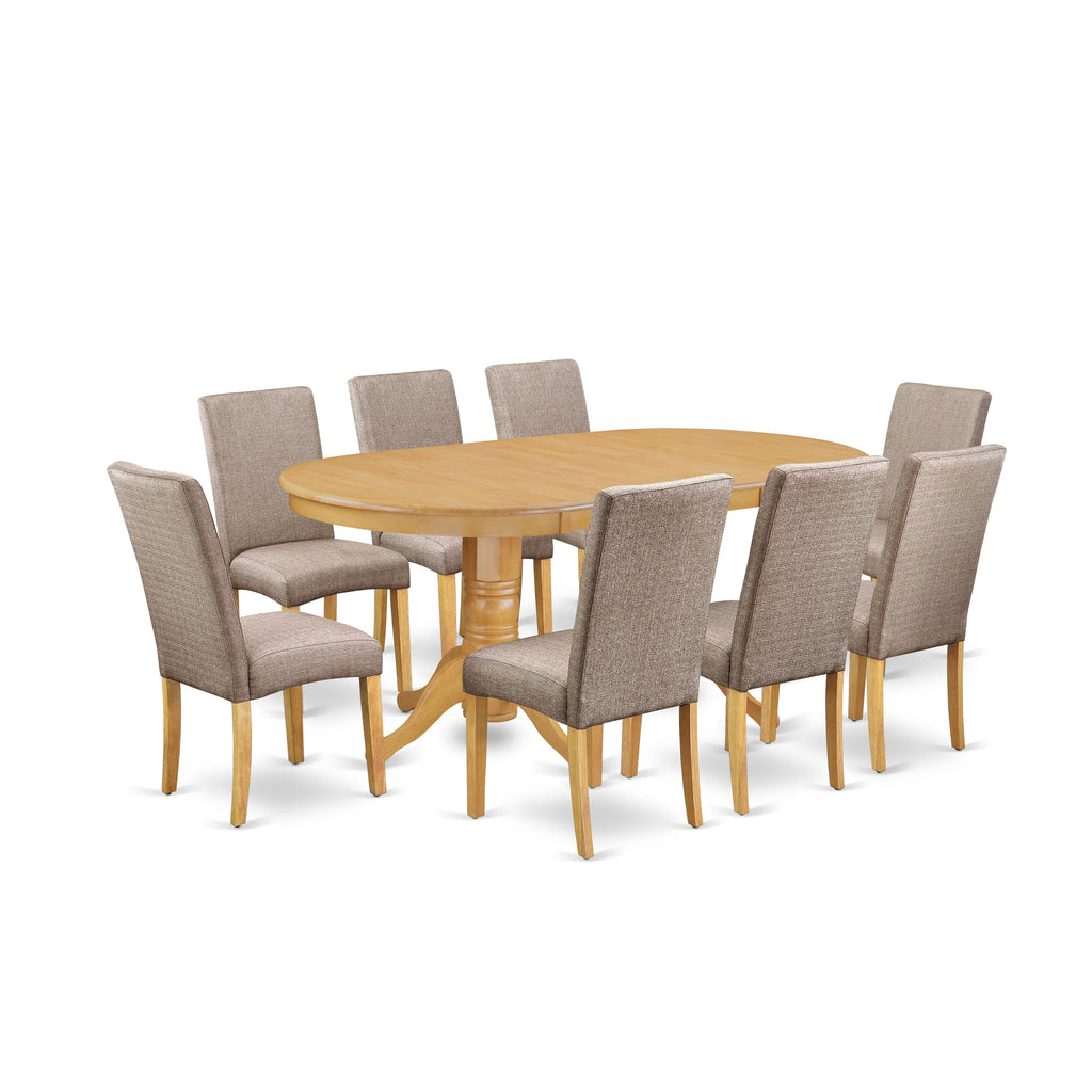 East West Furniture VADR9-OAK-16 9 Piece Kitchen Table Set Includes an Oval Dining Table with Butterfly Leaf and 8 Dark Khaki Linen Fabric Parson Dining Chairs, 40x76 Inch, Oak