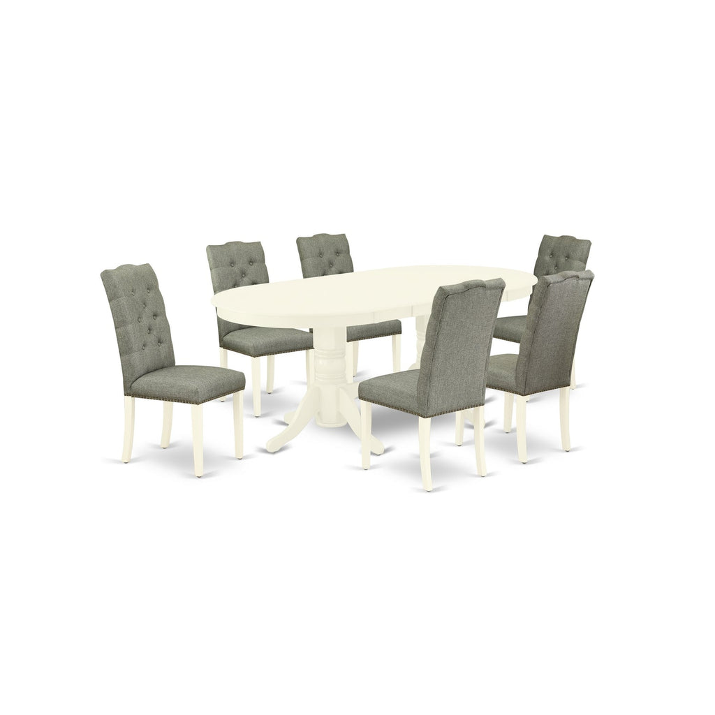 East West Furniture VAEL7-LWH-07 7 Piece Dining Set Consist of an Oval Dining Room Table with Butterfly Leaf and 6 Gray Linen Fabric Upholstered Chairs, 40x76 Inch, Linen White