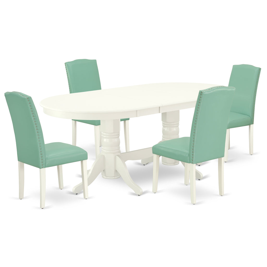 East West Furniture VAEN5-LWH-57 5 Piece Dining Table Set for 4 Includes an Oval Kitchen Table with Butterfly Leaf and 4 Pond Faux Leather Parsons Dining Chairs, 40x76 Inch, Linen White