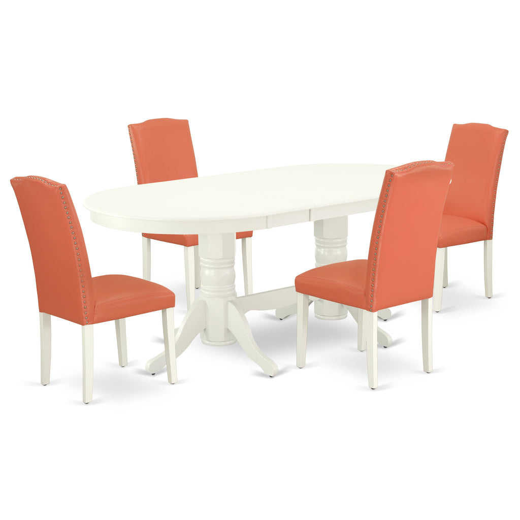 East West Furniture VAEN5-LWH-78 5 Piece Modern Dining Table Set Includes an Oval Wooden Table with Butterfly Leaf and 4 Pink Flamingo Faux Leather Parson Chairs, 40x76 Inch, Linen White