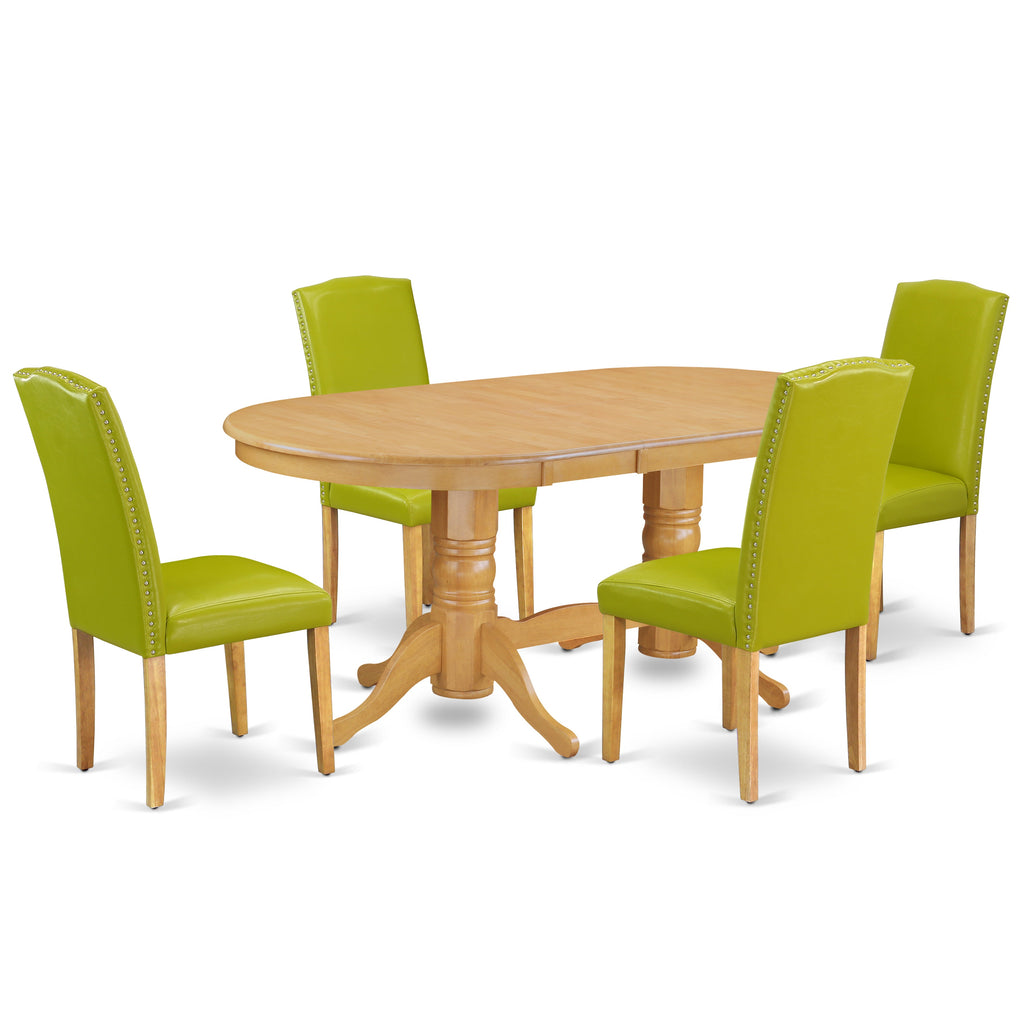 East West Furniture VAEN5-OAK-51 5 Piece Dining Room Set Includes an Oval Wooden Table with Butterfly Leaf and 4 Autumn Green Faux Leather Parson Dining Chairs, 40x76 Inch, Oak