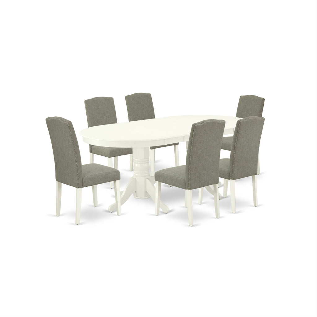 East West Furniture VAEN7-LWH-06 7 Piece Kitchen Table Set Consist of an Oval Dining Table with Butterfly Leaf and 6 Dark Shitake Linen Fabric Parson Chairs, 40x76 Inch, Linen White