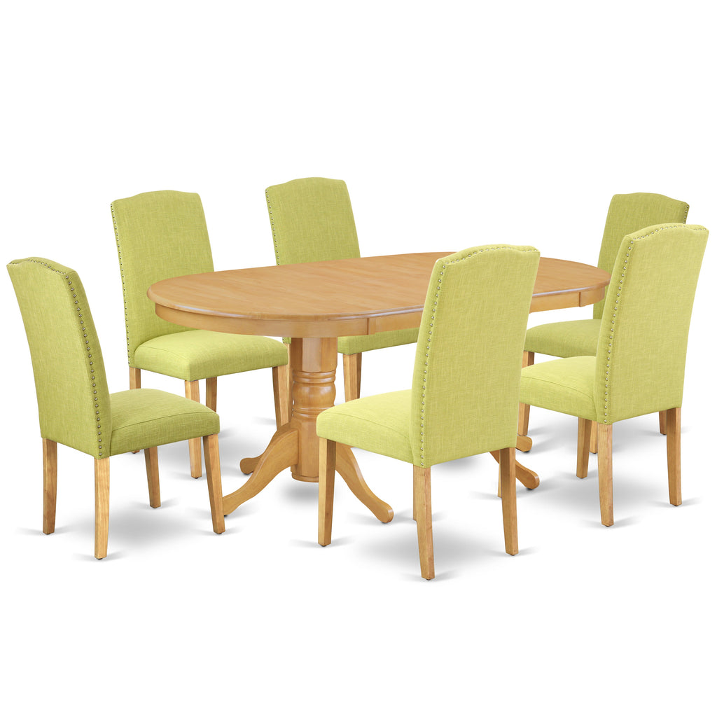 East West Furniture VAEN7-OAK-07 7 Piece Kitchen Table Set Consist of an Oval Dining Table with Butterfly Leaf and 6 Limelight Linen Fabric Parson Dining Chairs, 40x76 Inch, Oak
