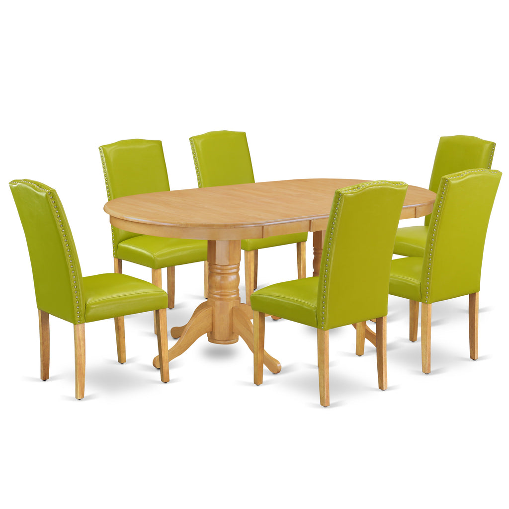 East West Furniture VAEN7-OAK-51 7 Piece Modern Dining Table Set Consist of an Oval Wooden Table with Butterfly Leaf and 6 Autumn Green Faux Leather Parsons Chairs, 40x76 Inch, Oak