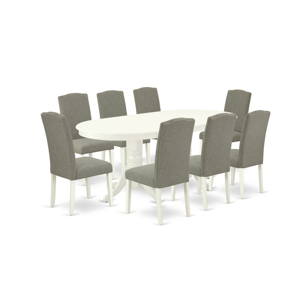 East West Furniture VAEN9-LWH-06 9 Piece Kitchen Table Set Includes an Oval Dining Table with Butterfly Leaf and 8 Dark Shitake Linen Fabric Parson Dining Chairs, 40x76 Inch, Linen White