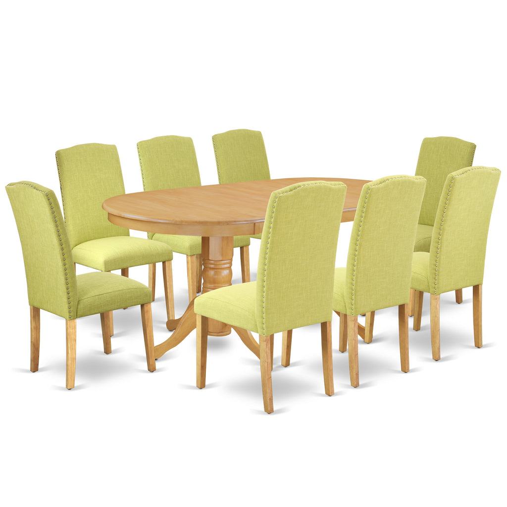 East West Furniture VAEN9-OAK-07 9 Piece Dining Room Table Set Includes an Oval Kitchen Table with Butterfly Leaf and 8 Limelight Linen Fabric Parson Dining Chairs, 40x76 Inch, Oak