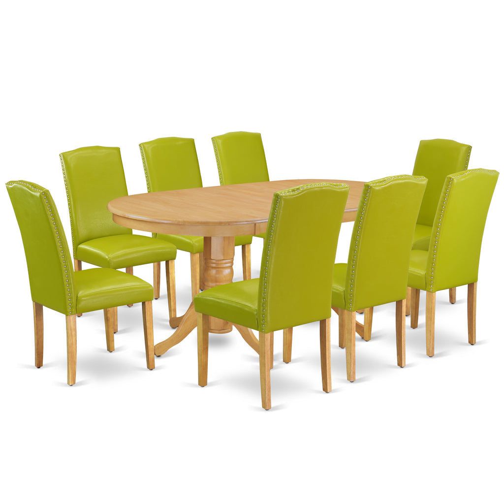 East West Furniture VAEN9-OAK-51 9 Piece Dining Set Includes an Oval Dining Room Table with Butterfly Leaf and 8 Autumn Green Faux Leather Upholstered Chairs, 40x76 Inch, Oak