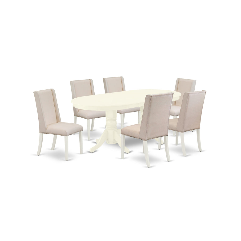 East West Furniture VAFL7-LWH-01 7 Piece Dinette Set Consist of an Oval Dining Room Table with Butterfly Leaf and 6 Cream Linen Fabric Upholstered Parson Chairs, 40x76 Inch, Linen White