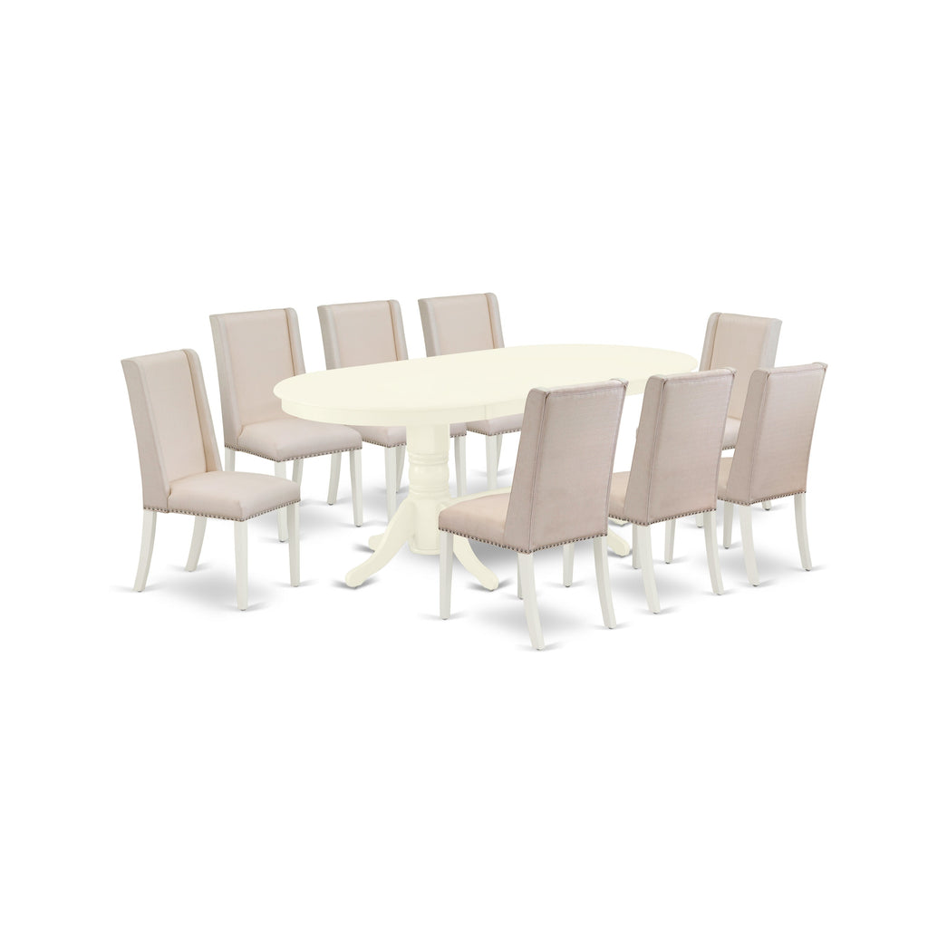 East West Furniture VAFL9-LWH-01 9 Piece Kitchen Table Set Includes an Oval Dining Table with Butterfly Leaf and 8 Cream Linen Fabric Parson Dining Room Chairs, 40x76 Inch, Linen White