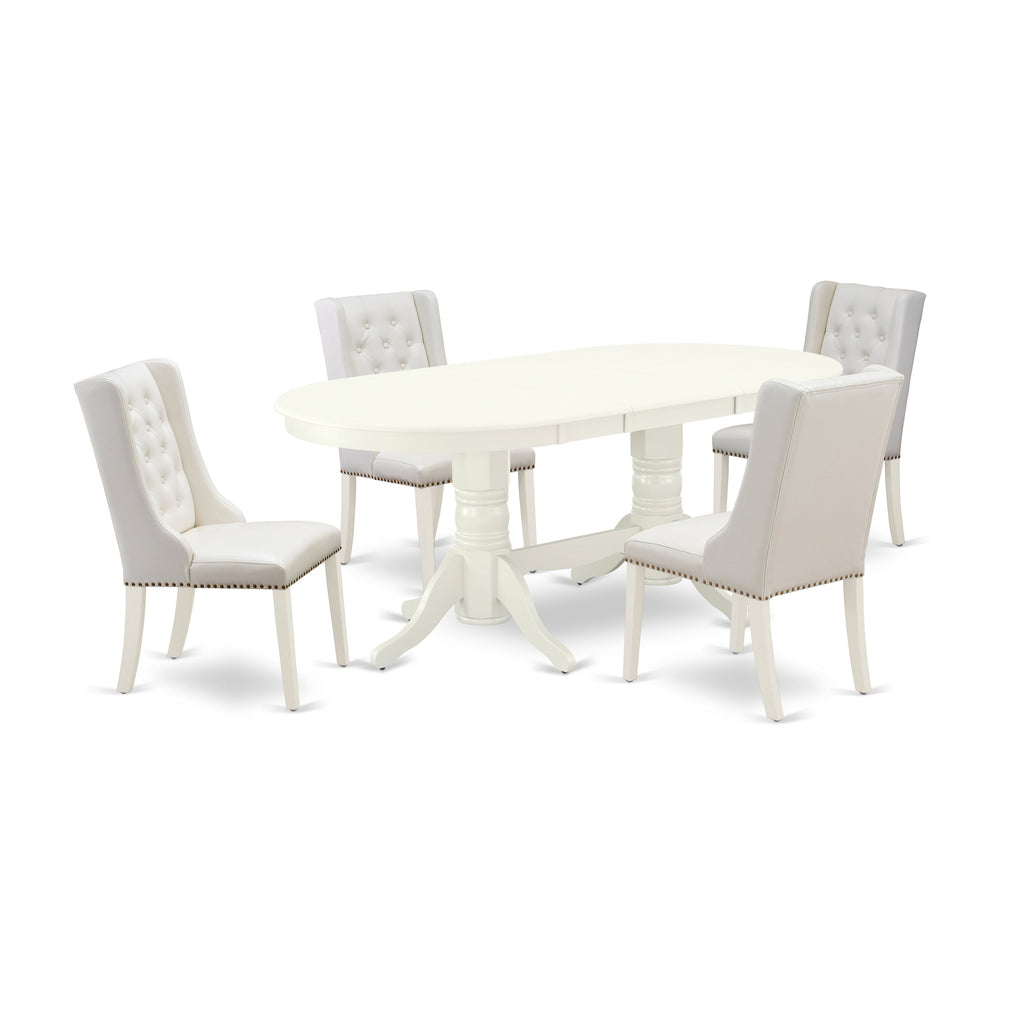 East West Furniture VAFO5-LWH-44 5 Piece Kitchen Table Set Includes an Oval Dining Room Table with Butterfly Leaf and 4 Light grey Faux Leather Upholstered Chairs, 40x76 Inch, Linen White