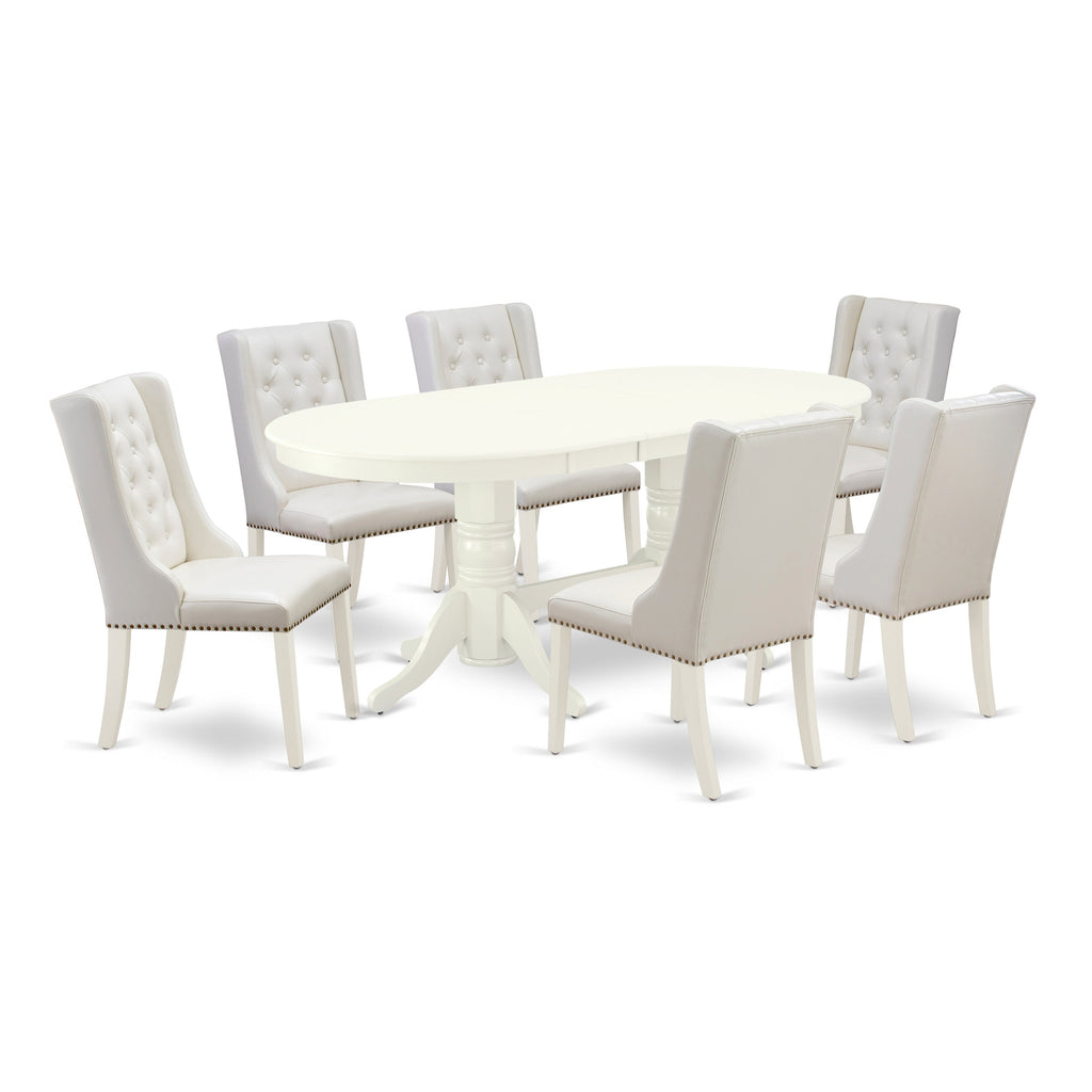 East West Furniture VAFO7-LWH-44 7 Piece Dinette Set Consist of an Oval Dining Room Table with Butterfly Leaf and 6 Light grey Faux Leather Upholstered Chairs, 40x76 Inch, Linen White