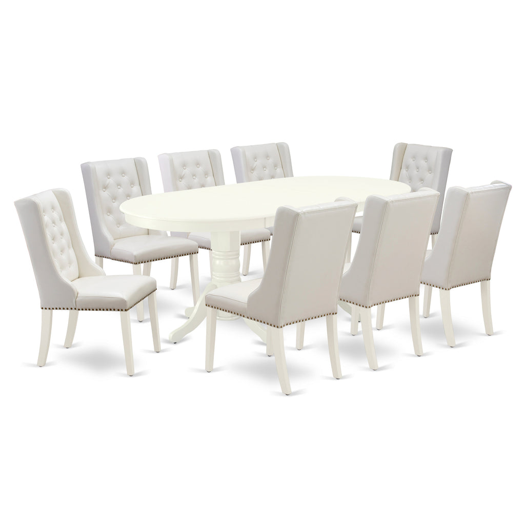 East West Furniture VAFO9-LWH-44 9 Piece Dining Room Table Set Includes an Oval Kitchen Table with Butterfly Leaf and 8 Light grey Faux Leather Parson Dining Chairs, 40x76 Inch, Linen White