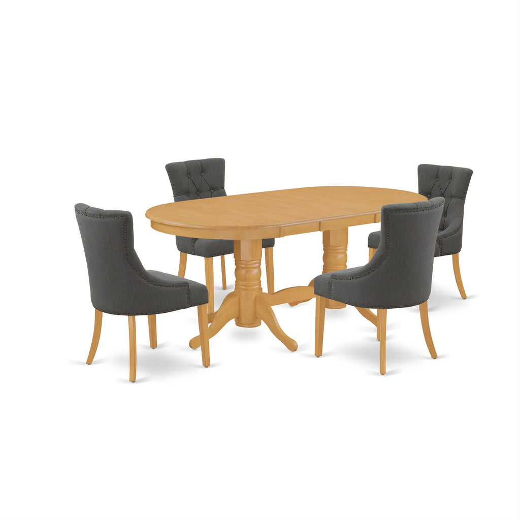 East West Furniture VAFR5-OAK-20 5 Piece Dining Table Set for 4 Includes an Oval Kitchen Table with Butterfly Leaf and 4 Dark Gotham Linen Fabric Parson Chairs, 40x76 Inch, Oak