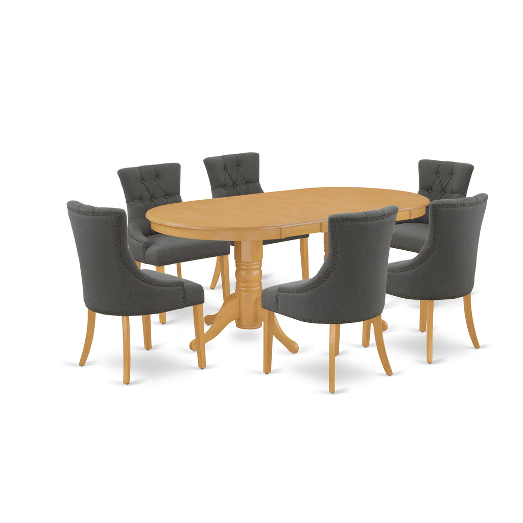 East West Furniture VAFR7-OAK-20 7 Piece Dining Table Set Consist of an Oval Kitchen Table with Butterfly Leaf and 6 Dark Gotham Linen Fabric Upholstered Chairs, 40x76 Inch, Oak