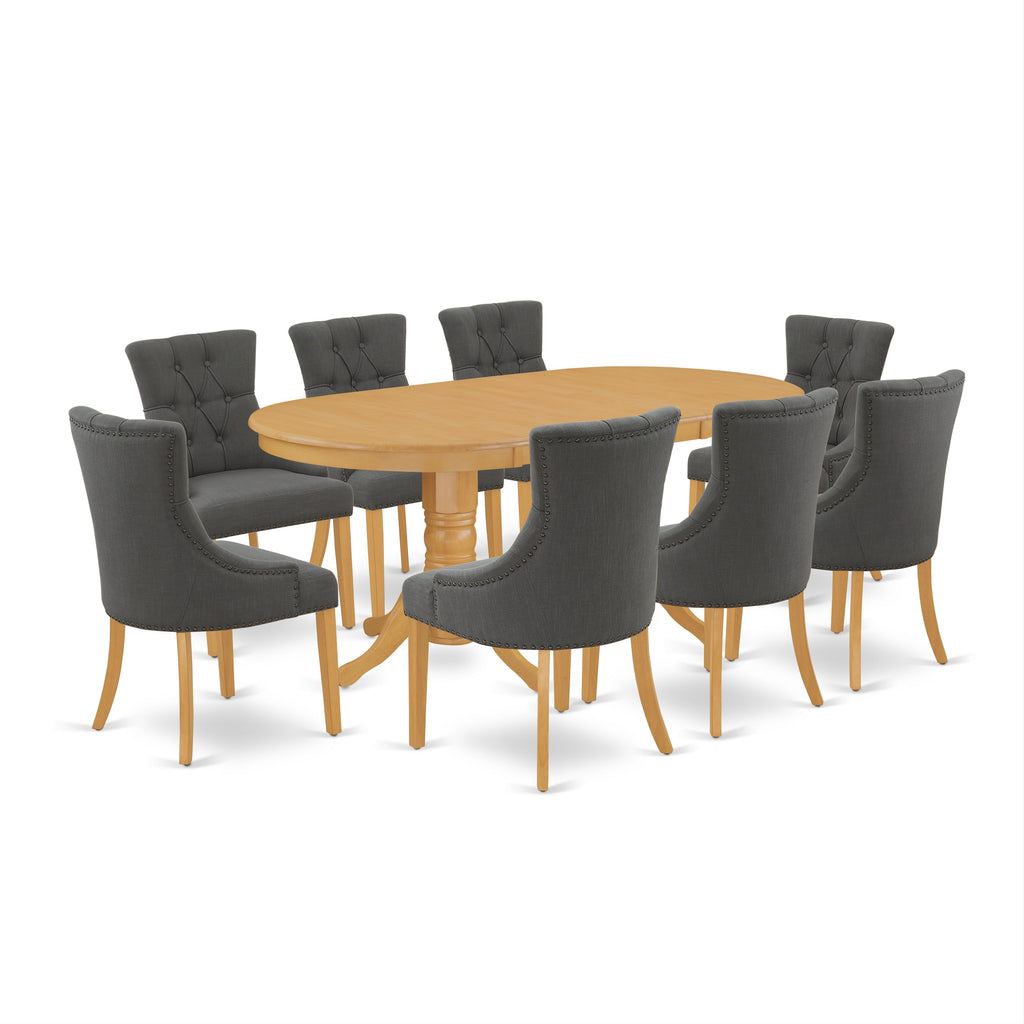 East West Furniture VAFR9-OAK-20 9 Piece Kitchen Table Set Includes an Oval Dining Table with Butterfly Leaf and 8 Dark Gotham Linen Fabric Parson Dining Chairs, 40x76 Inch, Oak