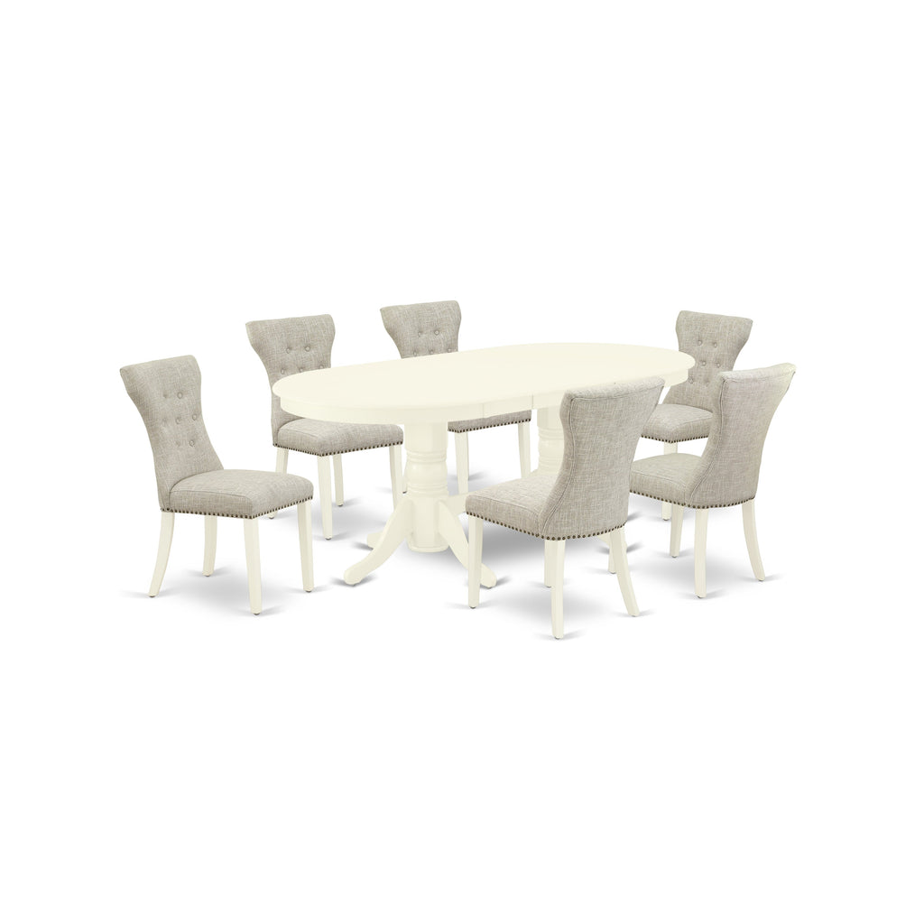East West Furniture VAGA7-LWH-35 7 Piece Modern Dining Table Set Consist of an Oval Wooden Table with Butterfly Leaf and 6 Doeskin Linen Fabric Upholstered Chairs, 40x76 Inch, Linen White