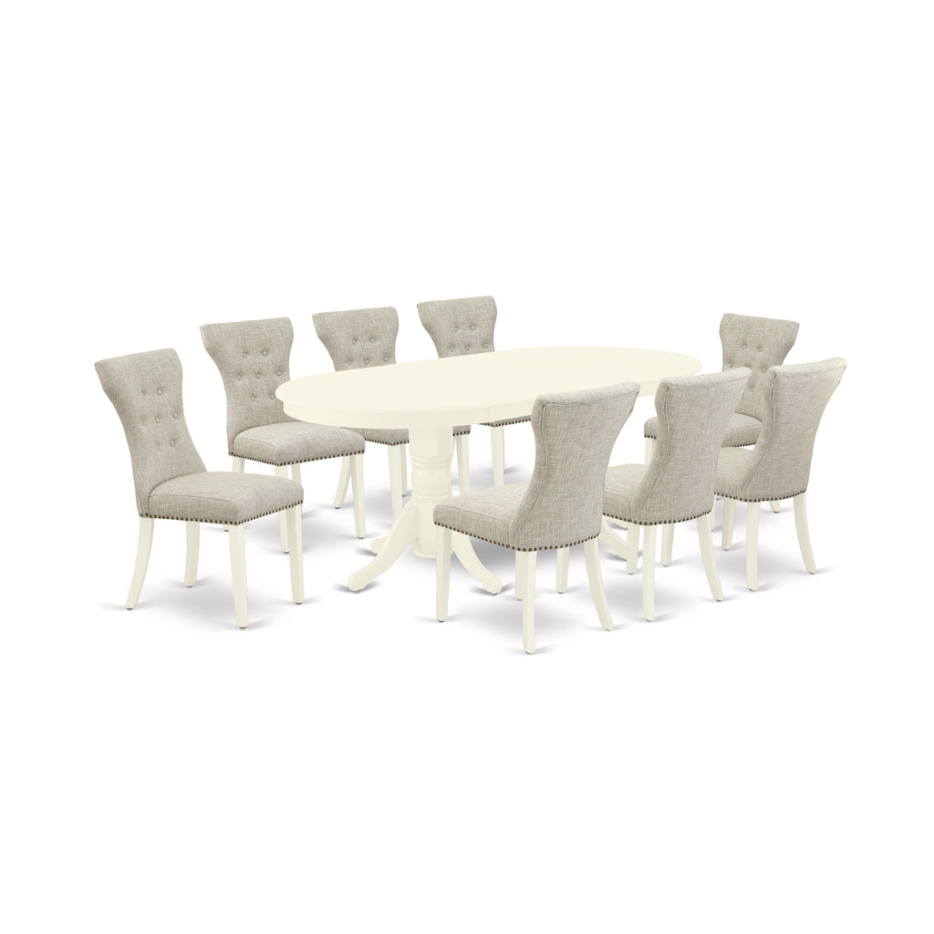 East West Furniture VAGA9-LWH-35 9 Piece Dining Room Set Includes an Oval Kitchen Table with Butterfly Leaf and 8 Doeskin Linen Fabric Parsons Dining Chairs, 40x76 Inch, Linen White