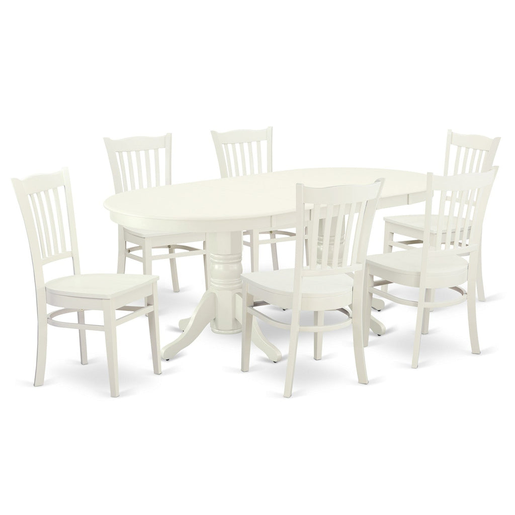 East West Furniture VAGR7-LWH-W 7 Piece Dining Room Furniture Set Consist of an Oval Kitchen Table with Butterfly Leaf and 6 Dining Chairs, 40x76 Inch, Linen White
