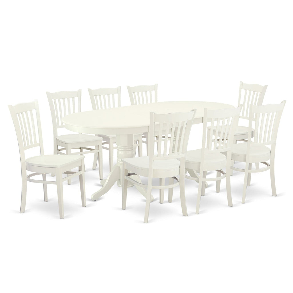 East West Furniture VAGR9-LWH-W 9 Piece Dining Set Includes an Oval Dining Room Table with Butterfly Leaf and 8 Wood Seat Chairs, 40x76 Inch, Linen White