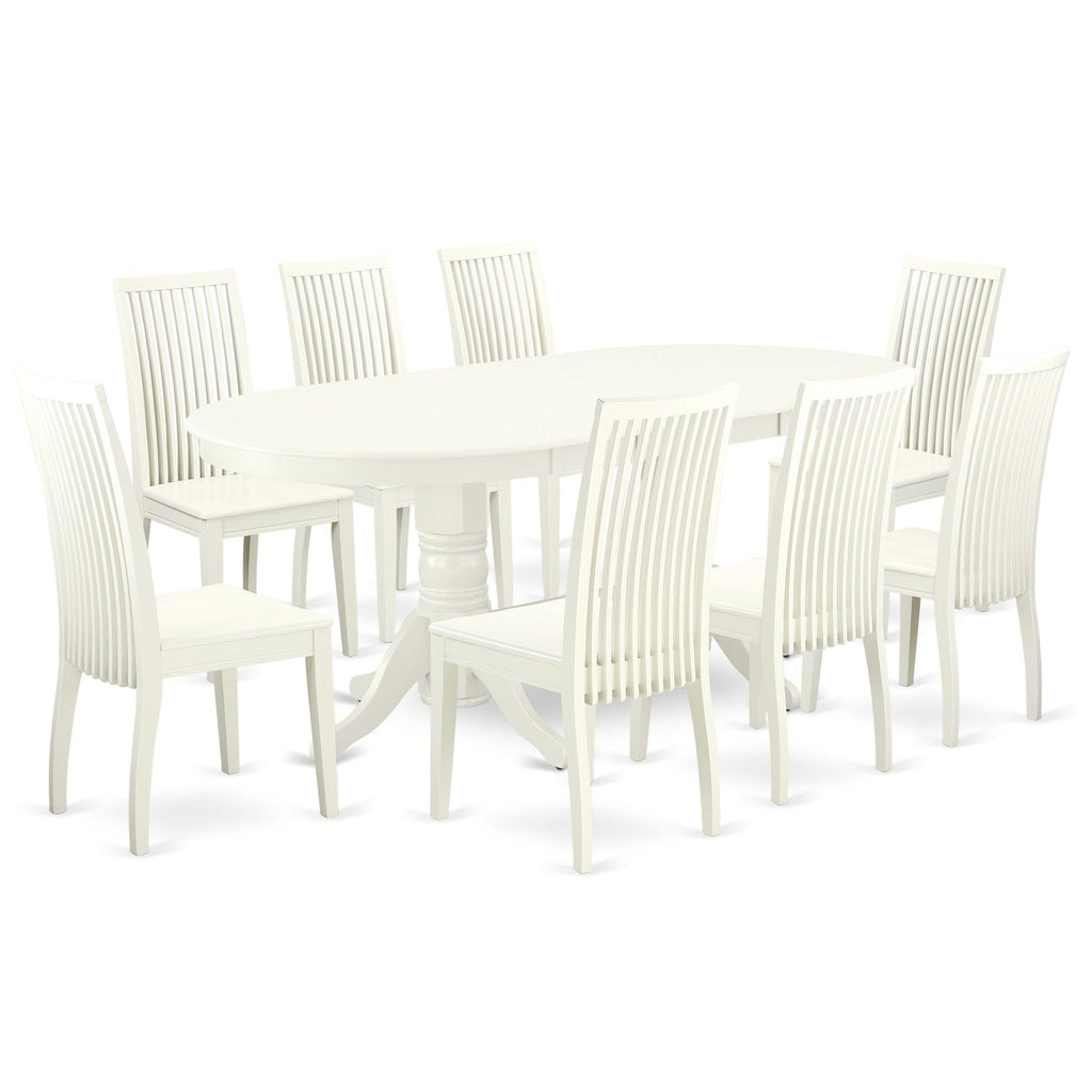 East West Furniture VAIP9-LWH-W 9 Piece Dining Room Furniture Set Includes an Oval Kitchen Table with Butterfly Leaf and 8 Dining Chairs, 40x76 Inch, Linen White
