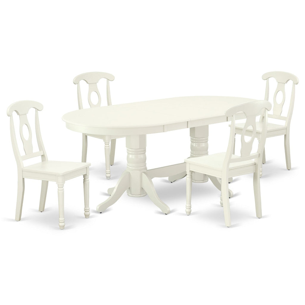 East West Furniture VAKE5-LWH-W 5 Piece Kitchen Table Set for 4 Includes an Oval Dining Room Table with Butterfly Leaf and 4 Solid Wood Seat Chairs, 40x76 Inch, Linen White