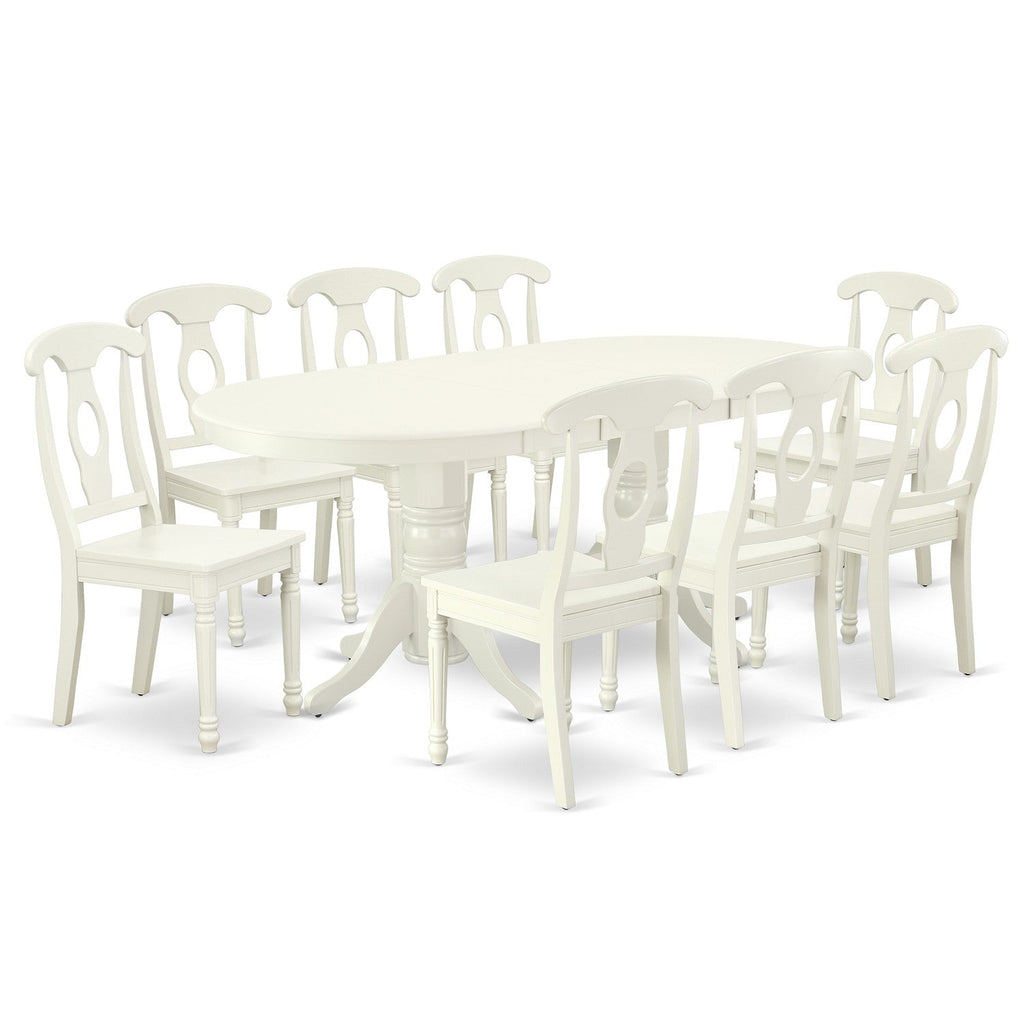 East West Furniture VAKE9-LWH-W 9 Piece Dining Set Includes an Oval Dining Table with Butterfly Leaf and 8 Kitchen Chairs, 40x76 Inch, Linen White