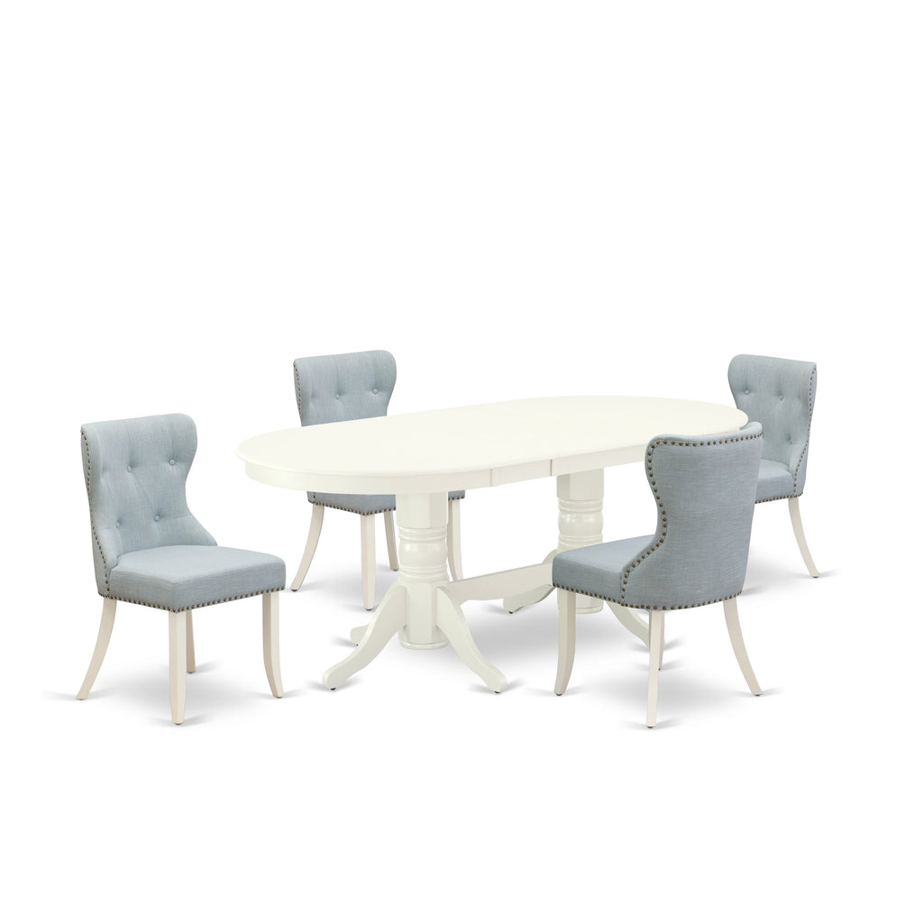 East West Furniture VASI5-LWH-15 5 Piece Dining Room Table Set Includes an Oval Wooden Table with Butterfly Leaf and 4 Baby Blue Linen Fabric Upholstered Chairs, 40x76 Inch, Linen White